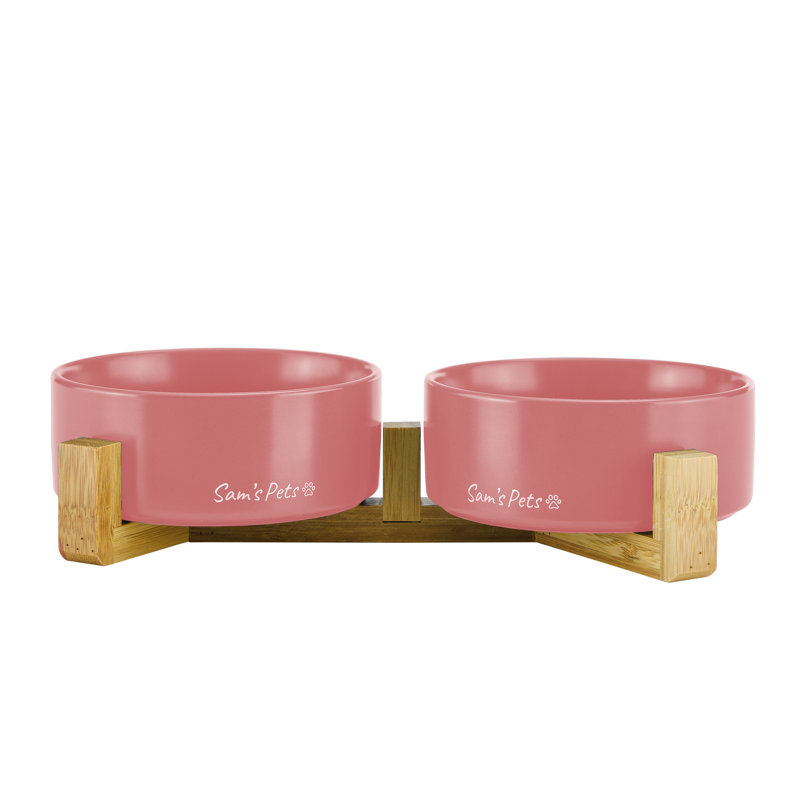 Pink Ceramic Dual Pet Bowl with Wooden Stand