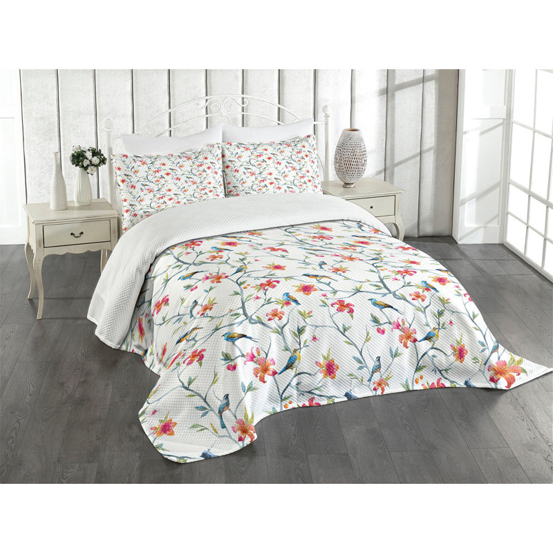 White Twin Quilted Bedspread Set with Floral Design