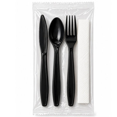 Disposable Black Plastic Cutlery with Napkin, Heavy Weight, Individually Wrapped Fork Knife Spoon