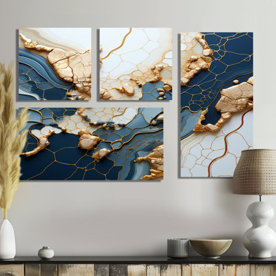 «Blue and Gold Marble River III», art mural sur toile abstraite à encre liquide abstraite, 4 pièces