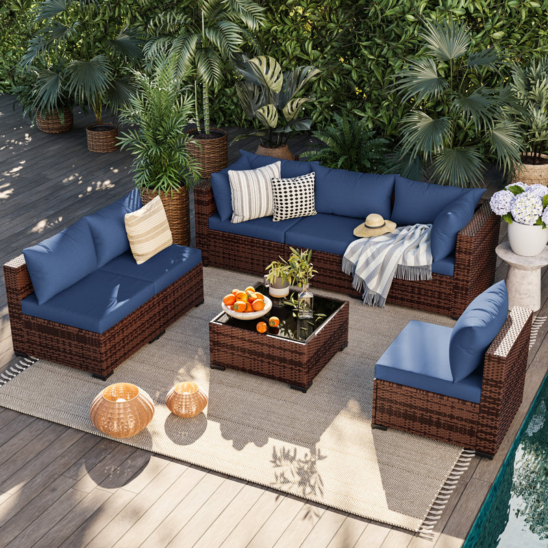 6 - Person Outdoor Wicker Patio Conversation Furniture Set, Blue