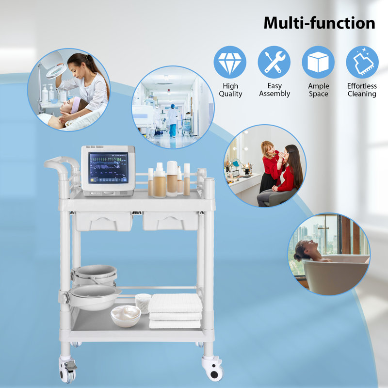 2‑Tier Professional Rolling Utility Cart with 2 Lockable Drawers, Adjustable Height, Silent Locking Wheels, Heavy‑Duty ABS Mobile Trolley for Medical Clinic, Salon, Spa & Pet Grooming