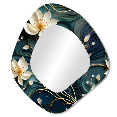 White And Gold Tranquil Lotus Zen - Botanical Unique Shape Decorative Mirror, White Asymmetrical Wall Mirror, Printed Metal Art
