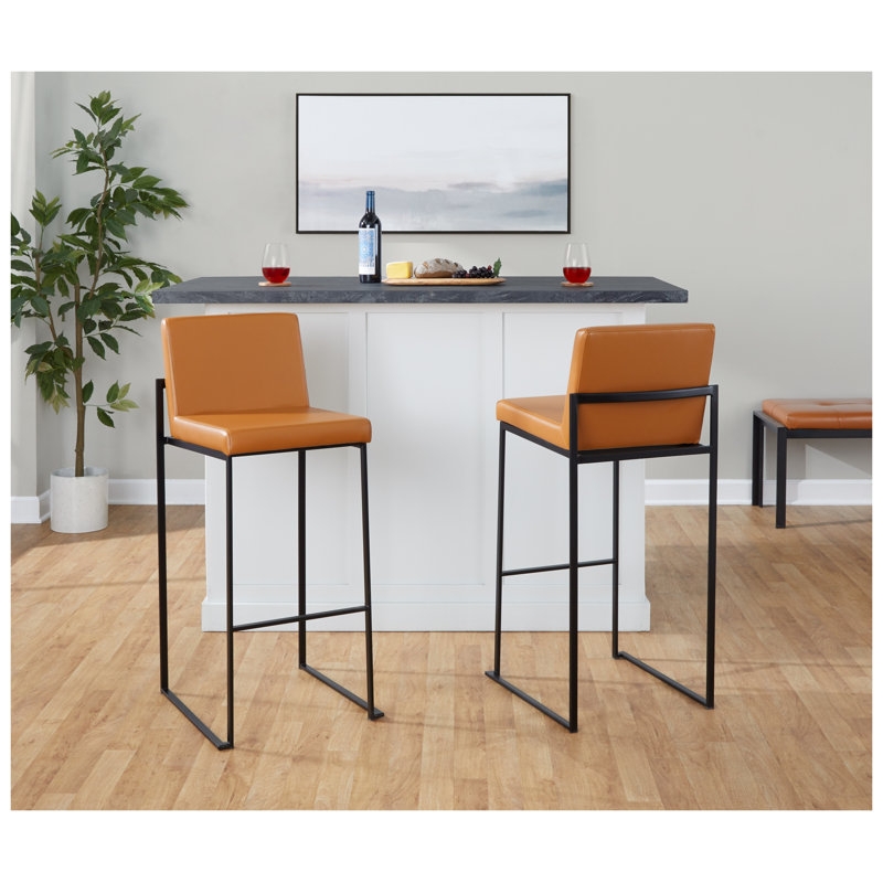 Tabouret de bar contemporain à dossier haut de 76 cm (30 po) en métal noir et similicuir camel - Ensemble de 2