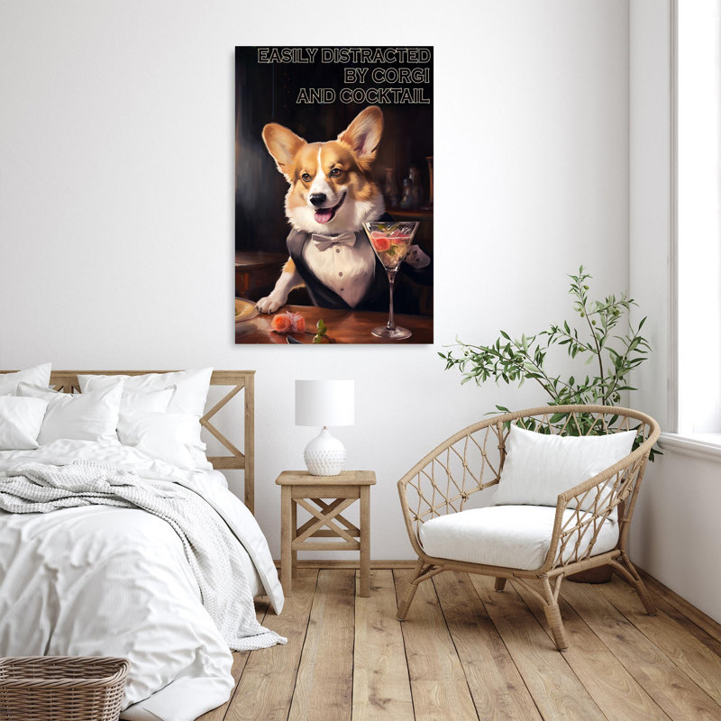 Facilement distrait par Corgi et Cocktail, H 36 po x l 24 po x P 1,25 po