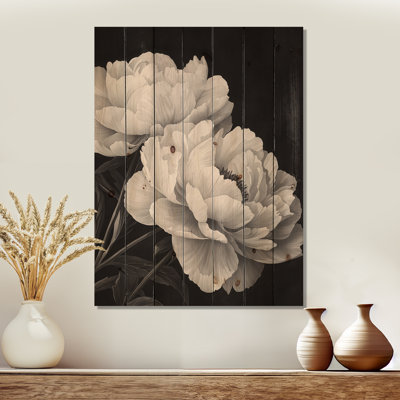 Pivoines monochromes avec veines foncées II - art mural en bois pivoines - sur bois de pin naturel