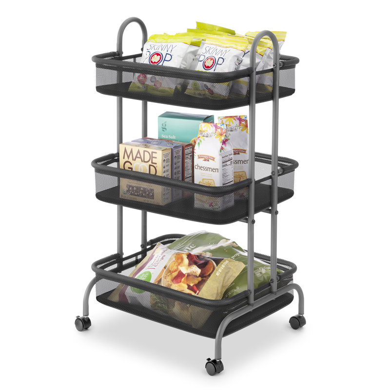 Whitmor Gunmetal Gray Metal Mesh 3-Tier Rolling Cart with Wheels