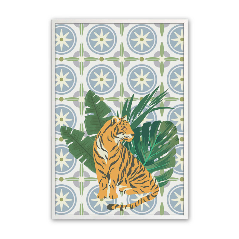 Tigre et motif tropical, Blanc opaque, H 37 po x l 25 po