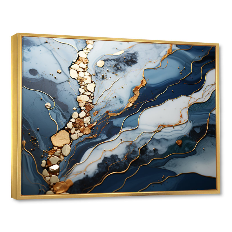 Blue and Gold Marble river II - Abstrait marbré, impressions sur toile, Cadre flottant doré, H 30 po x l 40 po x P 1,5 po
