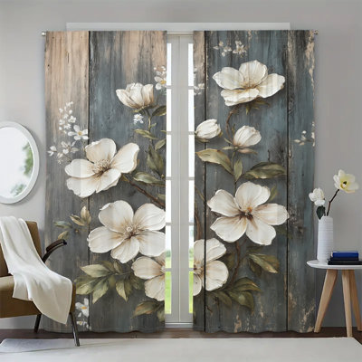 2Pcs White Magnolia Flower on Weathered Wood Curtain, Rod Pocket Mount, Rustic Farmhouse Style, Suitable For Living Room, Bedroom, Kitchen, Study, Dining, Home Decor