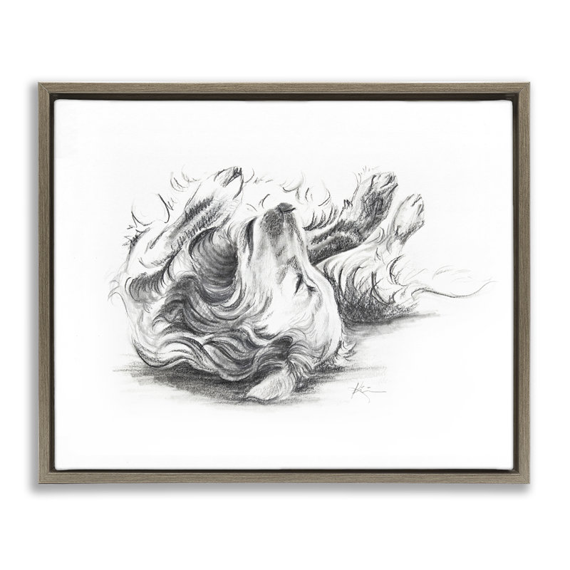 «Naptime Dog», dessin encadré gris sur toile flottante par Lindsay Kivi Fine Art, Cadre flottant orme Montalcino