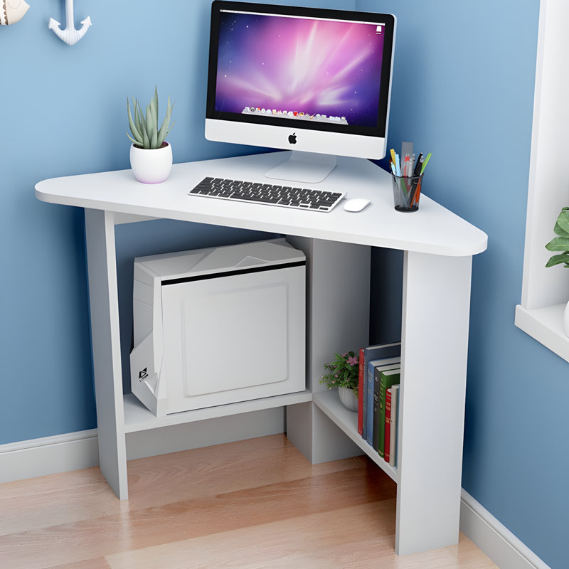 Bureau d'ordinateur d'angle avec tablette de rangement, table d'étude triangulaire peu encombrante pour petits espaces, poste de travail compact pour le bureau à domicile