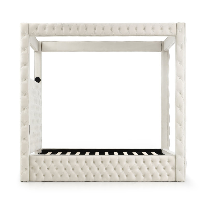 Black Velvet Tufted Upholstered Queen Canopy Bed Frame