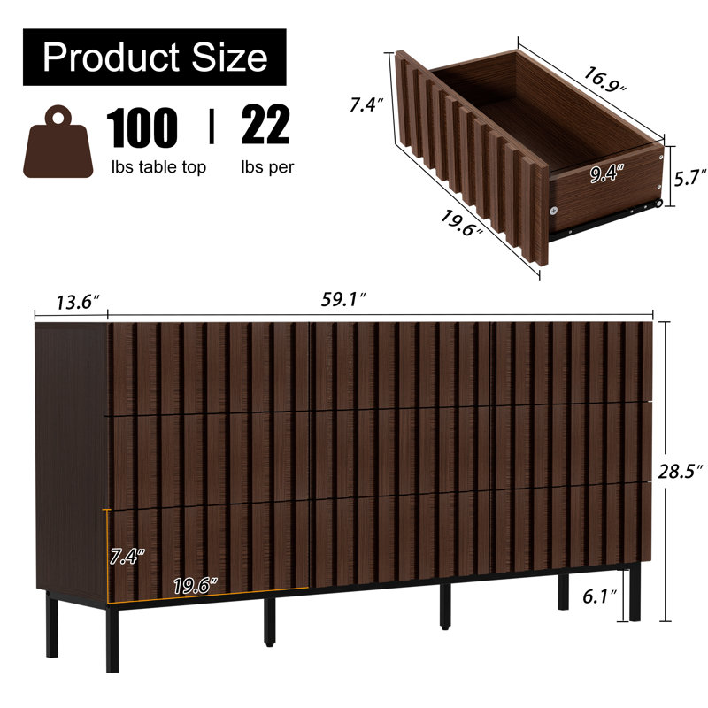 Commode 9 tiroirs l 59,1 po, Noyer