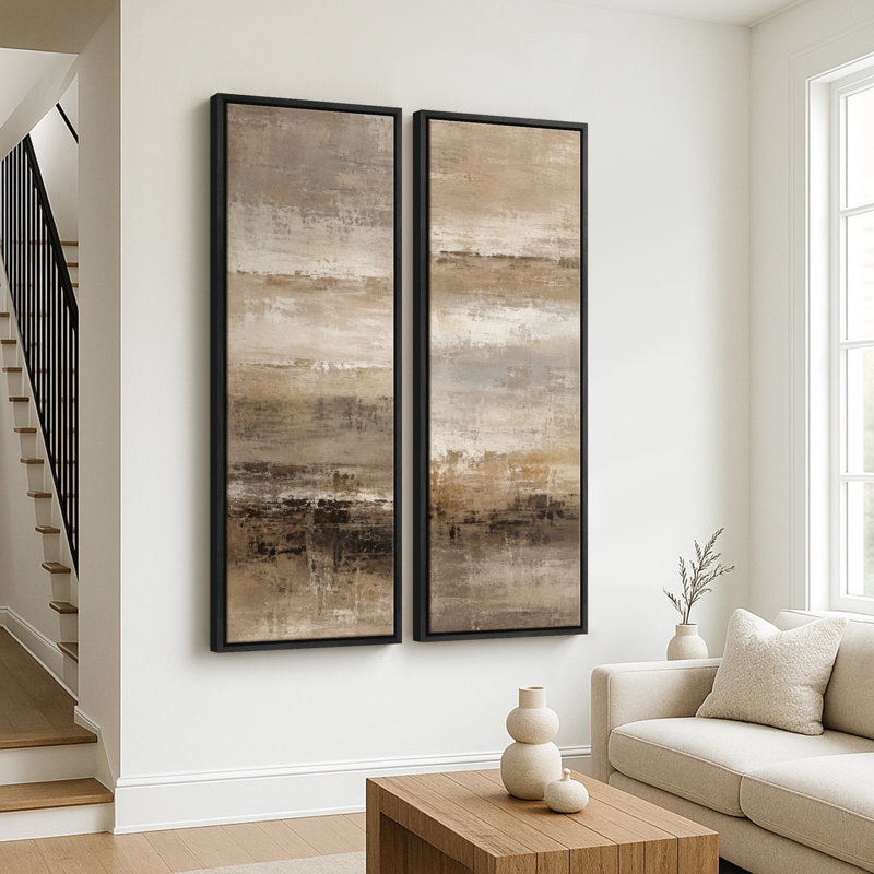 Ensemble de 2 toiles abstraites horizontales brun beige neutre – Encadrées, 152 x 51 cm et 152 x 76 cm., H 60 po x l 20 po