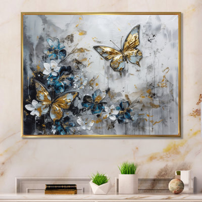 Ryuko Golden Blue Butterfly Wings And Flowers III On Canvas Print