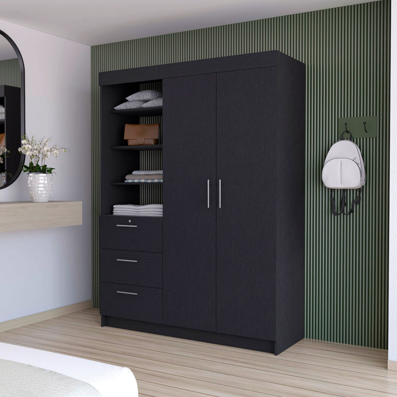 Black 3-Drawer Armoire, Black, 79" H x 59" W x 20.5" D
