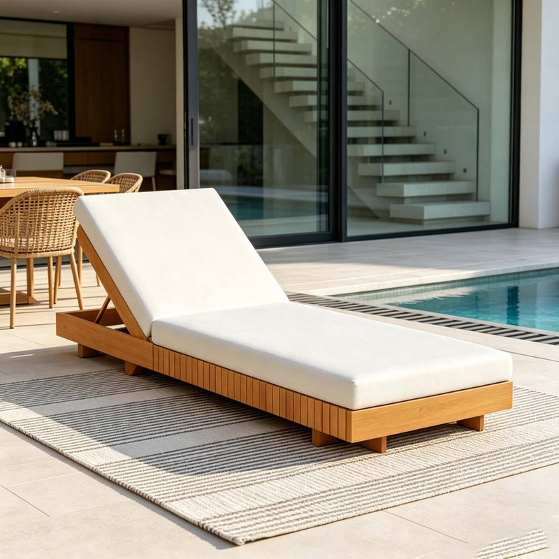 Solid Wood Lounge Chaise, Copper,Teak+Cream
