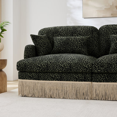 Canapé confortable 4 places en chenille imprimée léopard, bordure à pompons délicats, canapé d'angle modulaire moderne, dossier et assise ergonomiques, montage facile, assise profonde idéale pour le salon