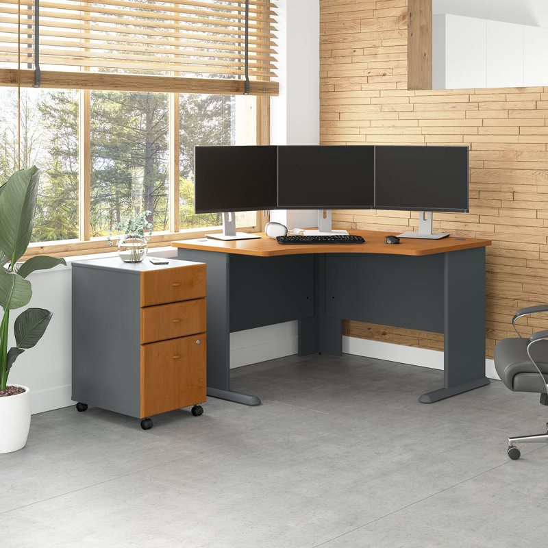 Series A L-Shape Executive Desk with 3 Drawer Mobile Pedestal, Natural Cherry