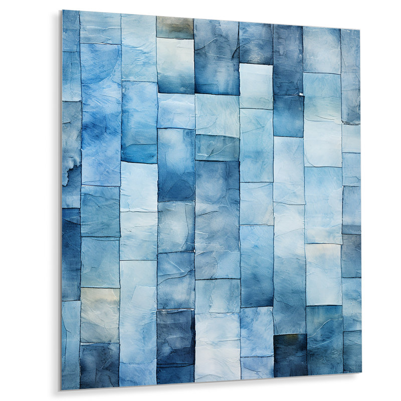 Carreaux scandinaves blancs et bleus VII - art mural en métal abstrait, H 40 po x l 30 po x P 1,5 po