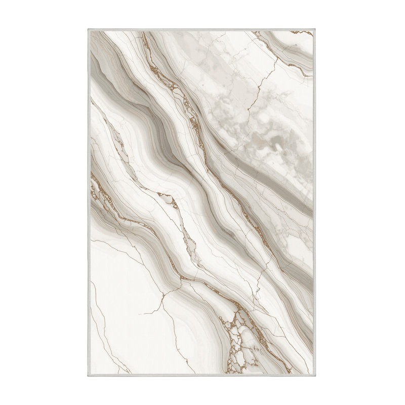 Machine Washable Peoro Posh & Luxe Marble Rug in Gray – White Binding, 7x9