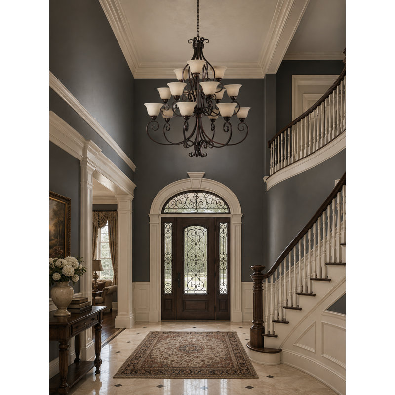 15-Light Dimmable Steel and Glass Tiered Chandelier, Oil Rubbed Bronze