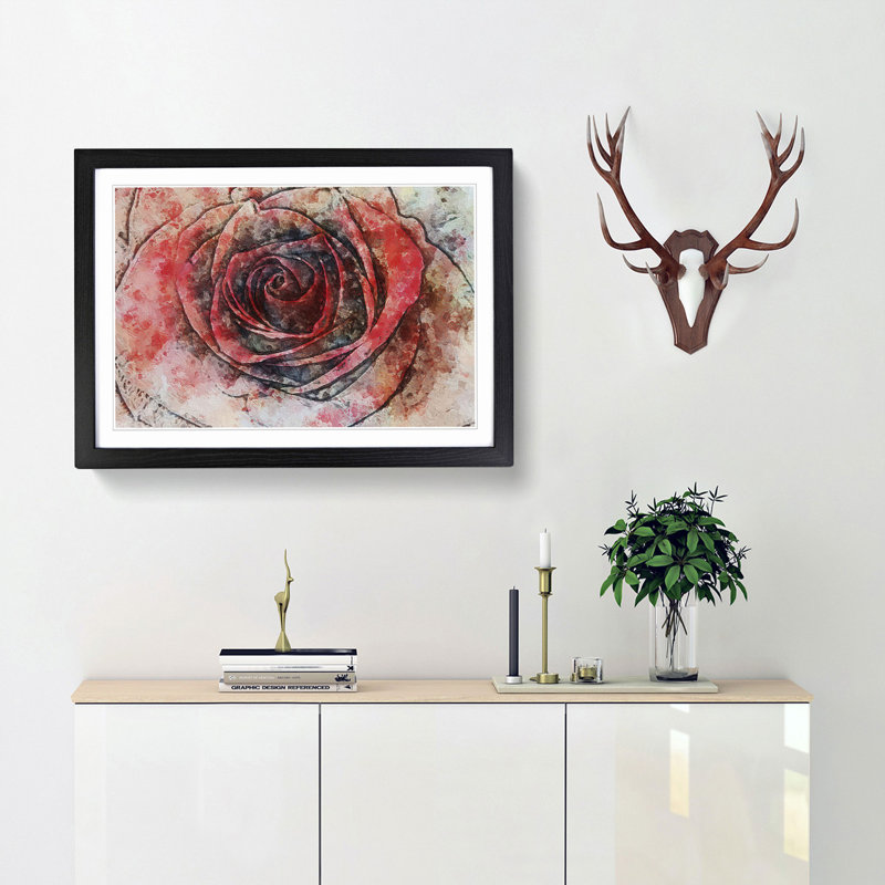 Red Rose in Abstract - Picture Frame Painting Print, 36cm H x 48cm W x 2cm D, Black Framed
