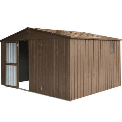 11'X 9' Storage Shed, Galvanized Steel, Windows, Lockable Door, Outdoor Garden Utility Room, 630Cu.Ft., Brown Shed With Windows & 9', Steel Frame,