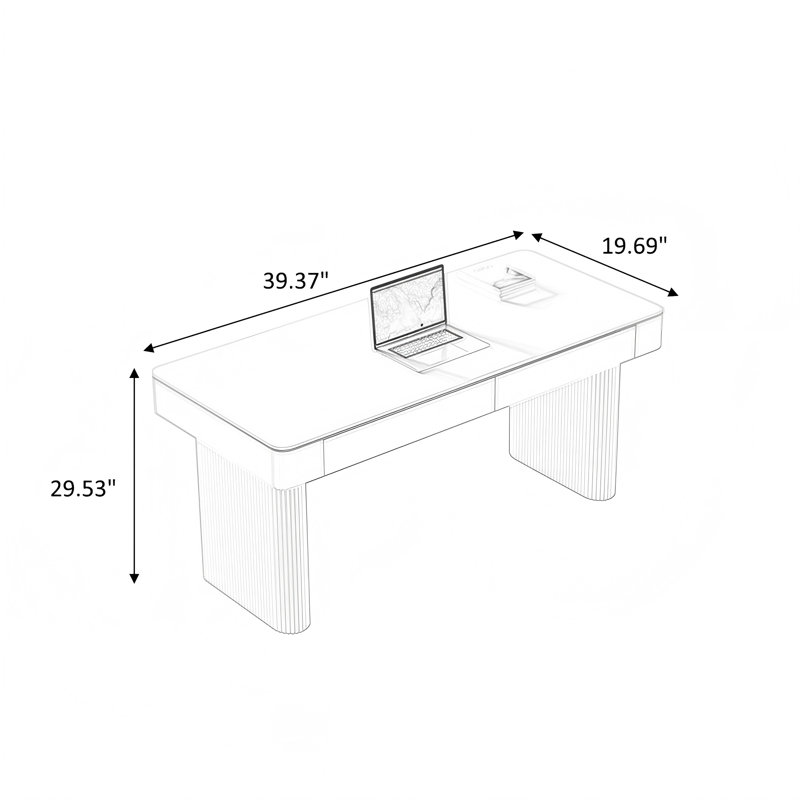 Bureau blanc rectangulaire en pierre frittée, 2 tiroirs, H 29,53 po x l 39,37 po x P 19,69 po