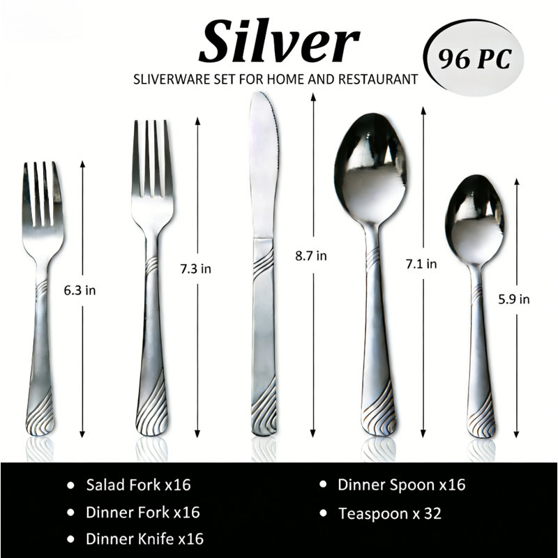 Ensemble de couverts 96 pièces de luxe pour 16 pièces - 16 couverts en acier inoxydable de qualité supérieure avec ustensiles de service complet | Collection de réceptions élégantes pour fêtes et rassemblements