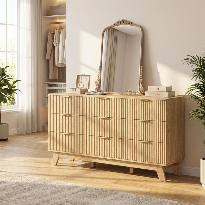 Mid-Century Modern 9-Drawer Fluted Dresser, Brown