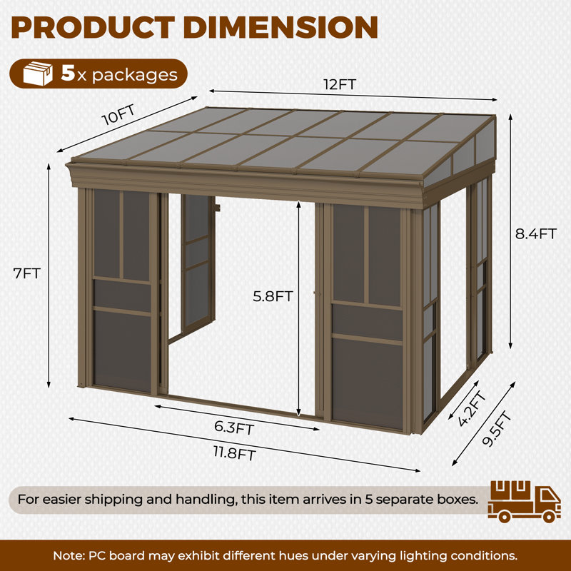 12 ft. W x 10 ft. D Outdoor Wall Mounted Sunroom Gazebo – All-Season Aluminum Solarium with Ventilated PC Double Roof, Sliding Doors, and Adjustable Screen Windows for Patio, Deck & Hot Tub, Brown