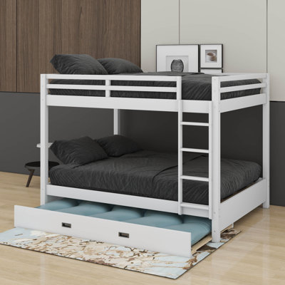 Wood Queen Size Bunk Bed With Ladder And Trundle