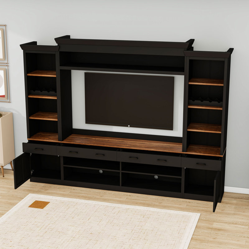 4-Piece Entertainment Wall Unit Set with 4 Drawers, 2 Cabinets and Adjustable Shelves, Black