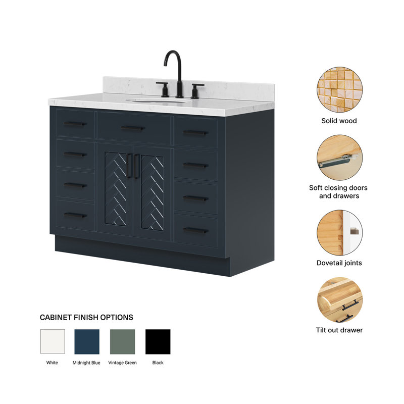 Ensemble de meuble-lavabo ovale simple 48 po avec comptoir à quartz blanc Carrara, Ovale, Bleu minuit