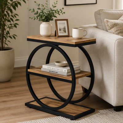 Industrial 3-Tier Side Table with Round Metal Frame for Modern Living Room Storage and Decor.