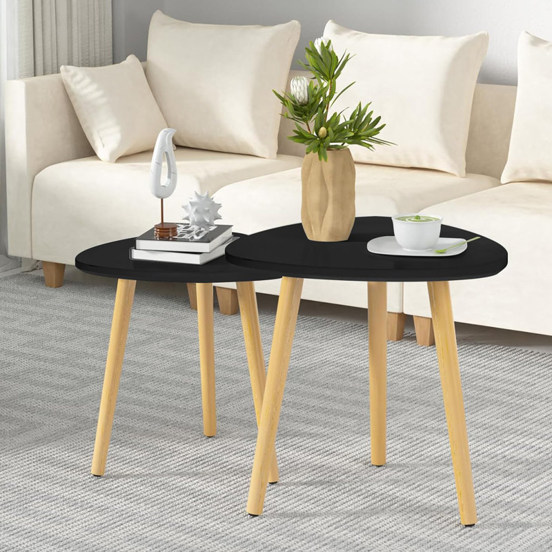 Modern Semi-Nesting Tables Triangle Side Table with Wooden Legs, Set of 2, Black