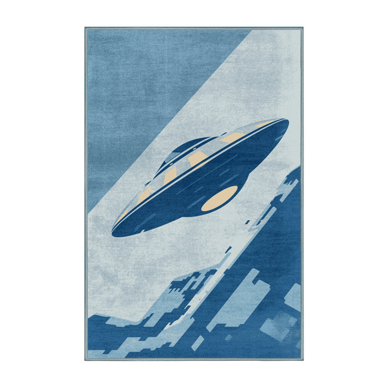 Machine Washable Kendari Alien Flying Saucer Modern Rug in Gray – SkyBlue Binding, 7x9
