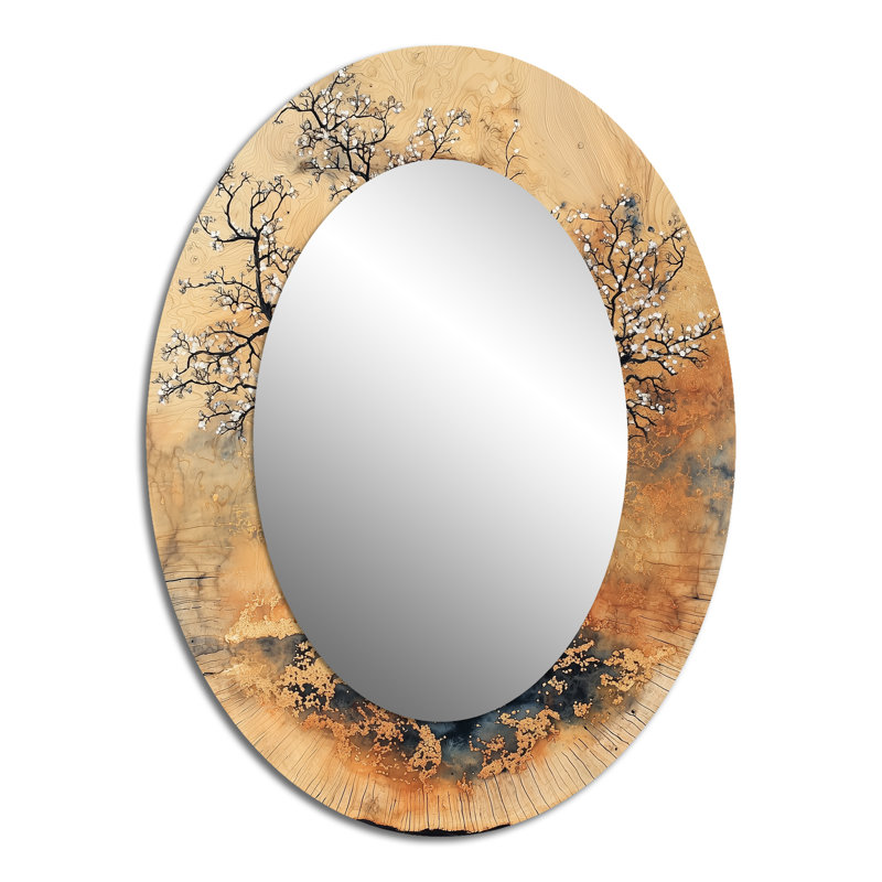 Golden Cherry Blossom Under The Sakura Sk - Floral Oval Decorative Mirror On Metal, 40" x 30"