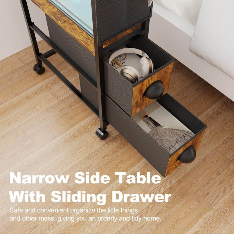 Rustic Narrow Side Table With 5 Storage Units, Slim Nightstand With Drawers, Shelves, And Pocket For Bedside Or Sofa, 7''D X 17''W X 35''H