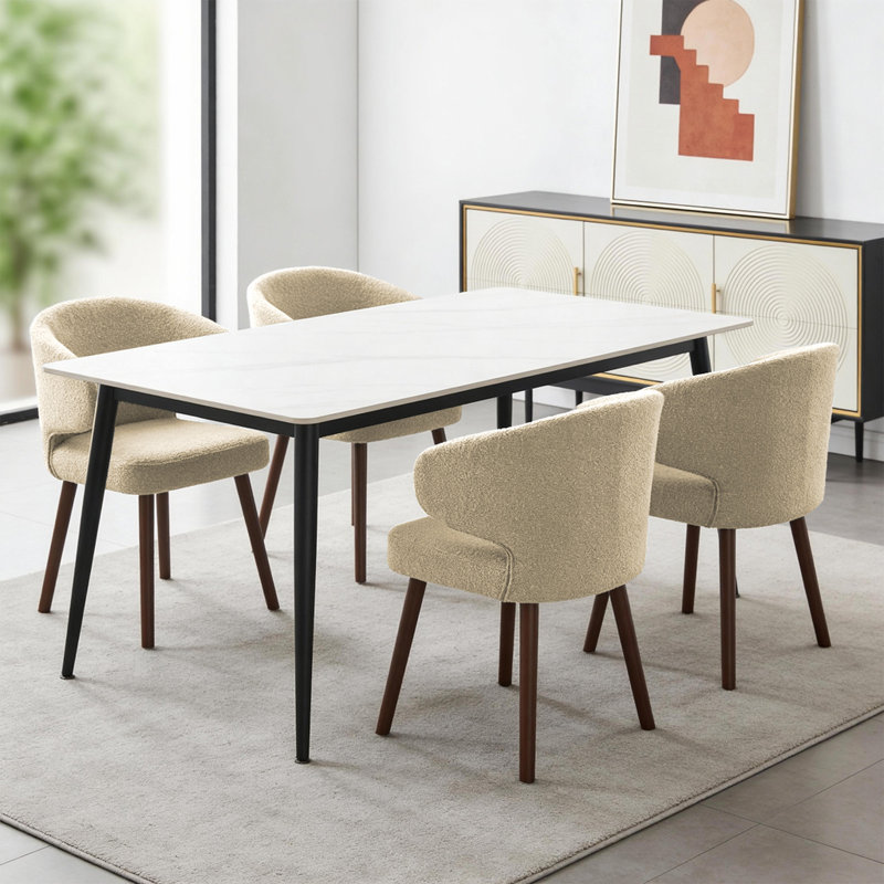 Modern Bouclé Upholstered Dining Chair with Curved Backrest and Solid Wood Legs, Khaki