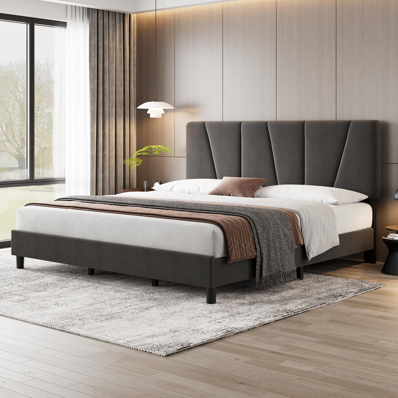 Bed Frame With Headboard Adjustable, Linen Upholstered Platform Bed With Headboard, Dark Gray, King