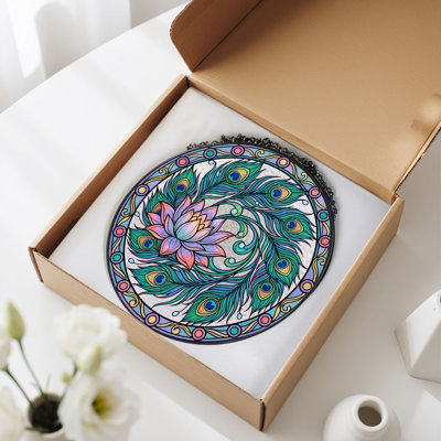 Peacock Lotus Stained Glass Window Panel，7.8H