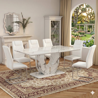 63" Faux Marble Dining Table Set For 6, White Rectangular Kitchen Table Set With Elegant U-Shaped Pedestal Base & 6 PU Upholstered High-Back Chairs, Luxury 7-Piece Dining Room Set.