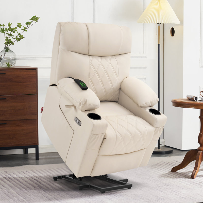 Lift Assist Recliner with Massager, Cream White Faux Leather