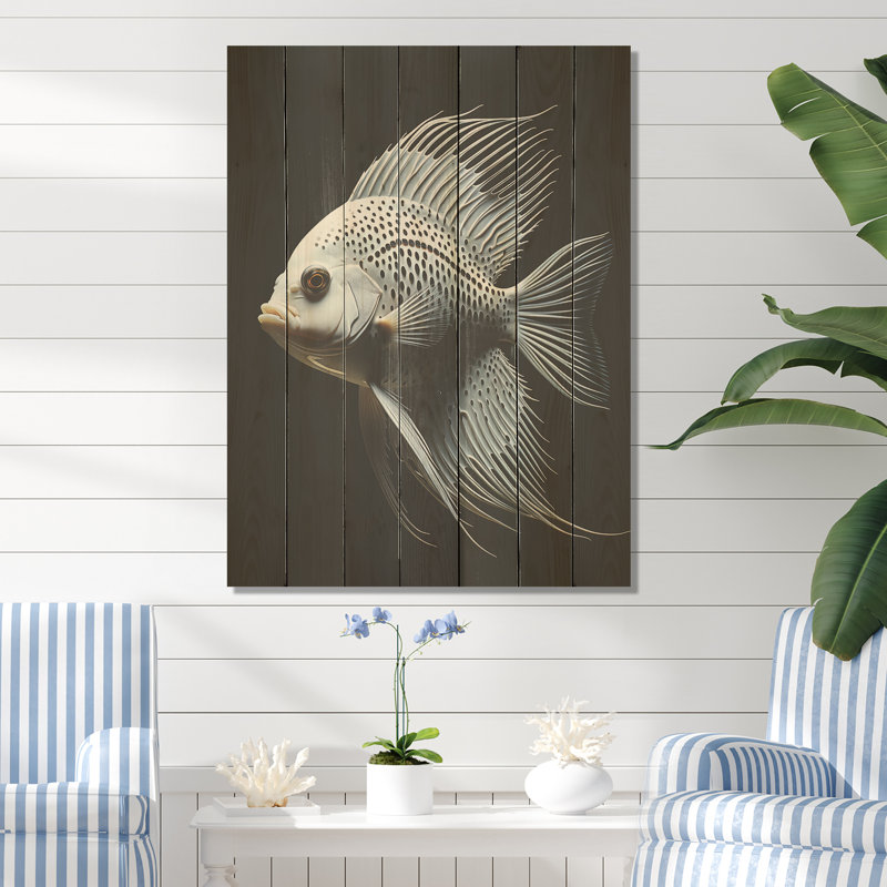 Poisson-papillon océanique noir et blanc I - Poisson papillon sur bois, H 44 po x l 34 po