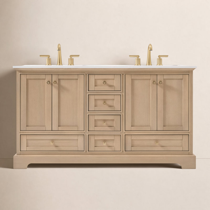 Audrey 60'' W Double Vanity, Oak/Rose Gold, Pure White Quartz