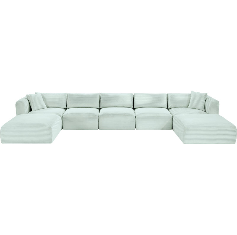 Canapé modulaire Carmean, Velours côtelé texturé velours menthe, 3 sans accoudoirs, 2 en coin, 2 repose-pieds