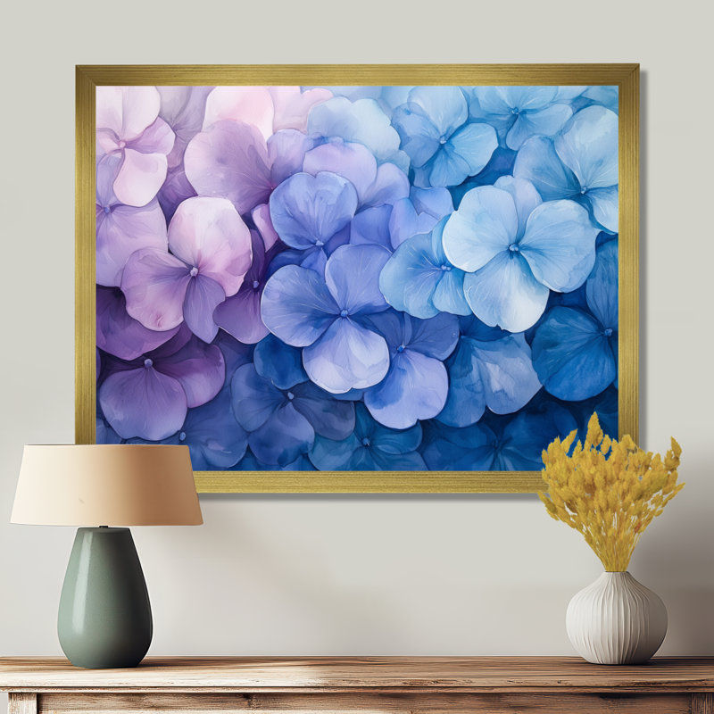 Jacoree, hortensia à l'aquarelle, encre mauve I - hydrangées, art mural, H 24 po x l 32 po, Doré